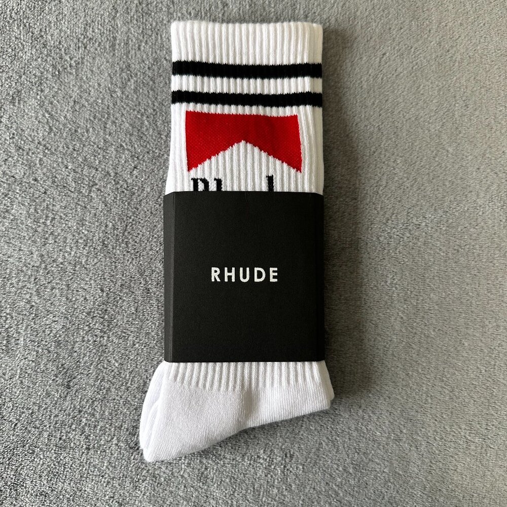 RHUDE red + black + white Vintage Cigarette box logo socks towel bottom
